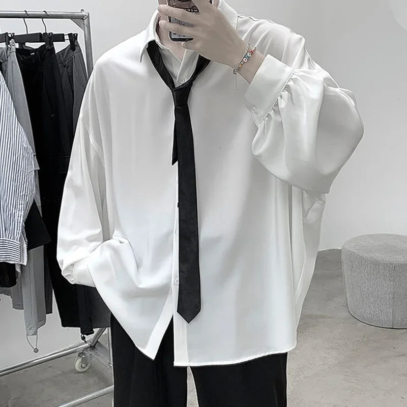 Korean Style Men's Long-sleeved Shirts Black Tie Cozy Casual Solid Oversize Blouses Breathable Loose Shirt Harajuku Male Clothes
