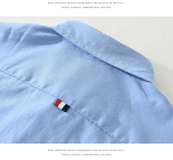 Men's 100% Cotton Short-Sleeve Shirt – Classic Turn-Down Collar, Slim Fit with Chest Pocket & Striped Detail