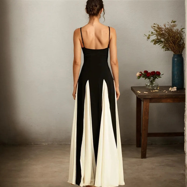 Women Evening Dress Fashion Elegant Royal Sister Slim Black And White Contrast Color Strap Dress Sexy V-Neck High Waist Dresses