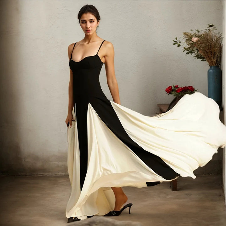 Women Evening Dress Fashion Elegant Royal Sister Slim Black And White Contrast Color Strap Dress Sexy V-Neck High Waist Dresses