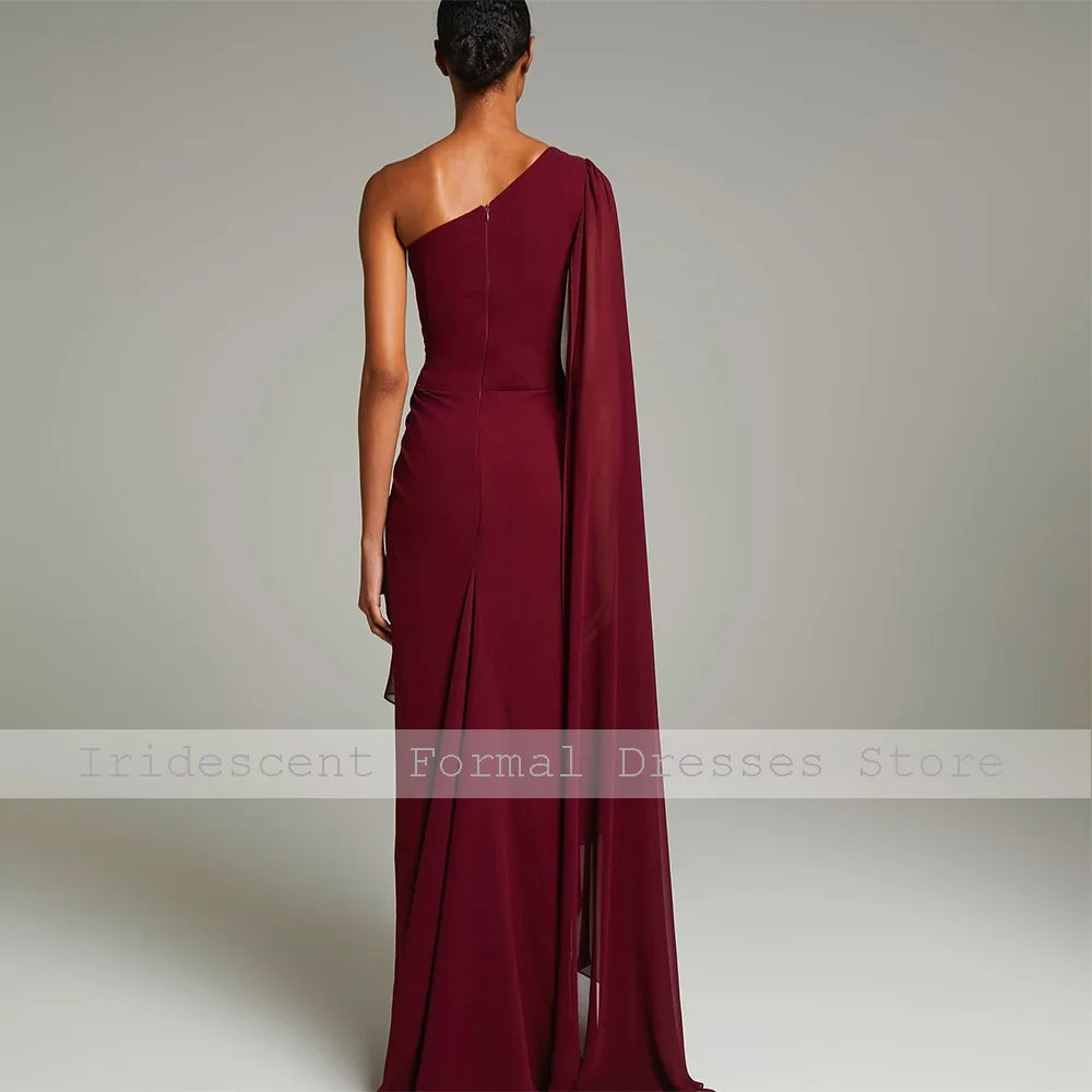 Women's Evening Dresses Burgundy Chiffon Draped One Shoulder Evening Gowns Long Pleat Trumpet/Mermaid Formal Party Dress 2025