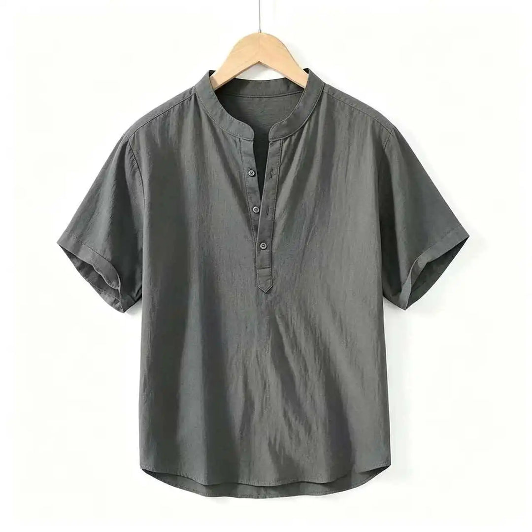 Summer Men's Short Sleeve Shirts Solid Color Stand Up Collar T Shirts Loose Casual Beach Shirt Breathable Male Linen Tops