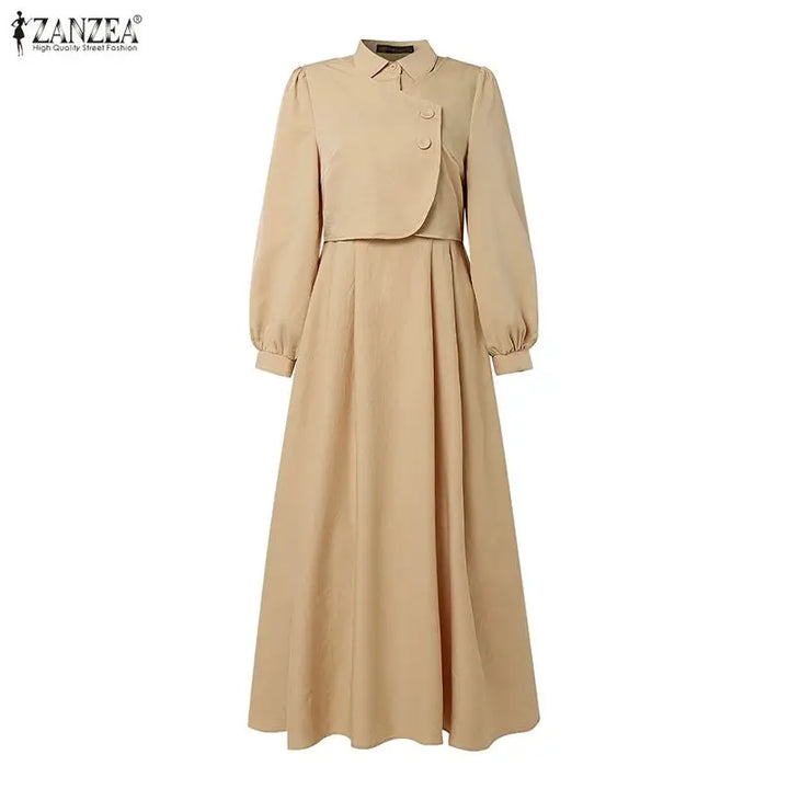 ZANZEA Fashion Muslim Dresses Abaya Ramadan Robe Fake 2 Pieces Women Elegant Long Sleeve Pleated Sundress Dubai Casual Kaftan