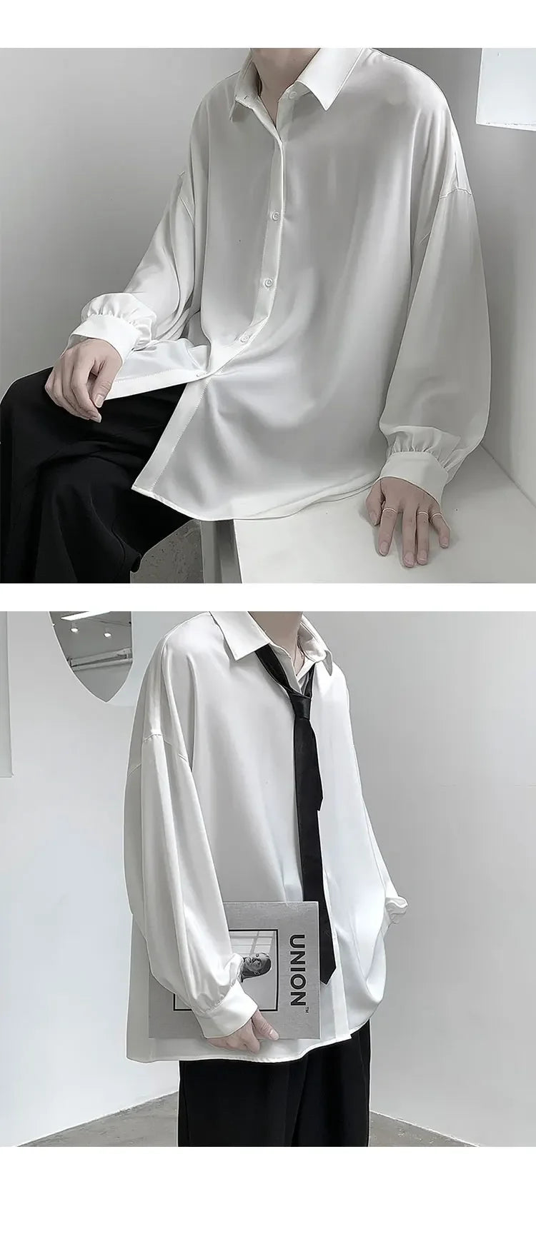 Korean Style Men's Long-sleeved Shirts Black Tie Cozy Casual Solid Oversize Blouses Breathable Loose Shirt Harajuku Male Clothes