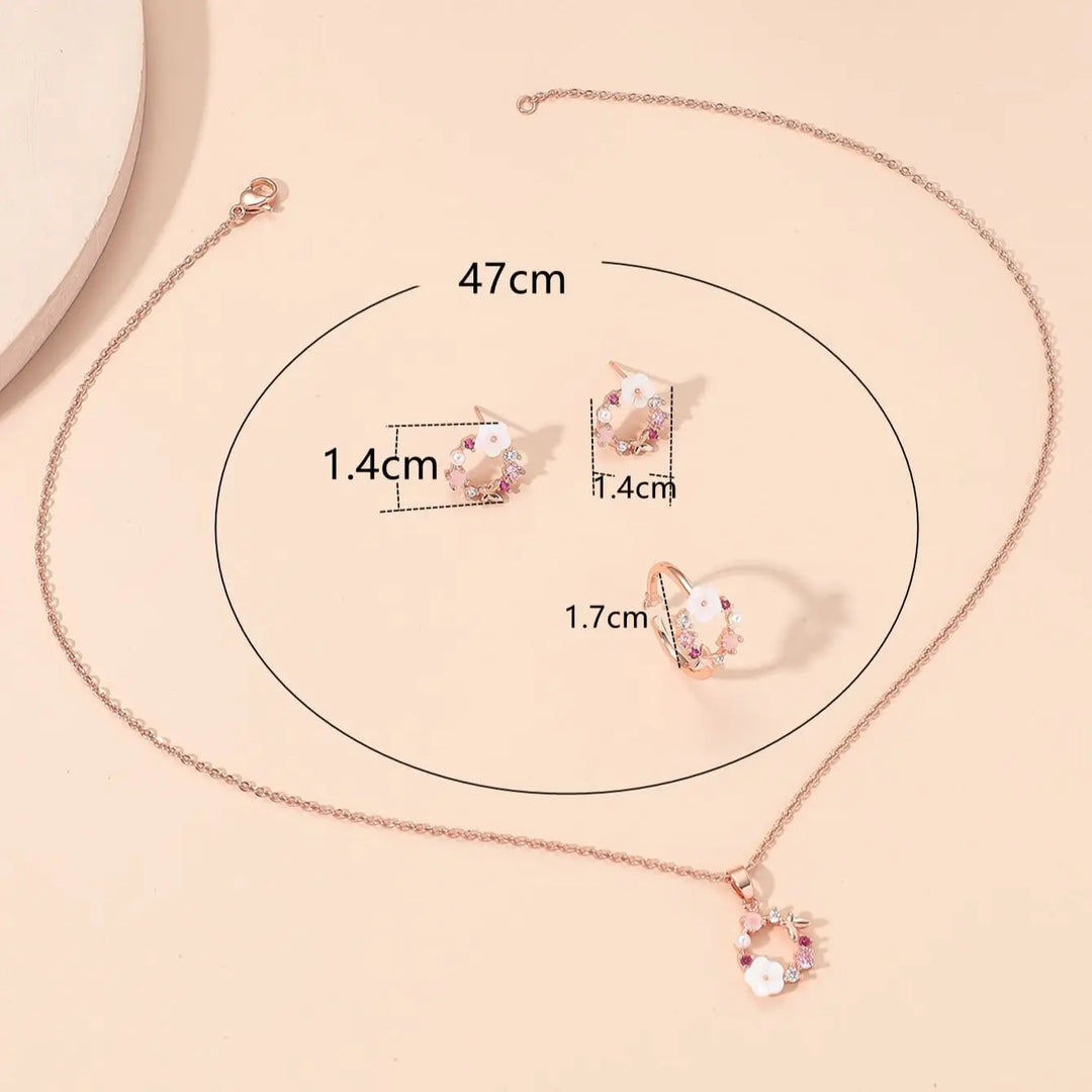 Women’s Rose Gold Flower Jewelry Set – Necklace, Ring & Earrings