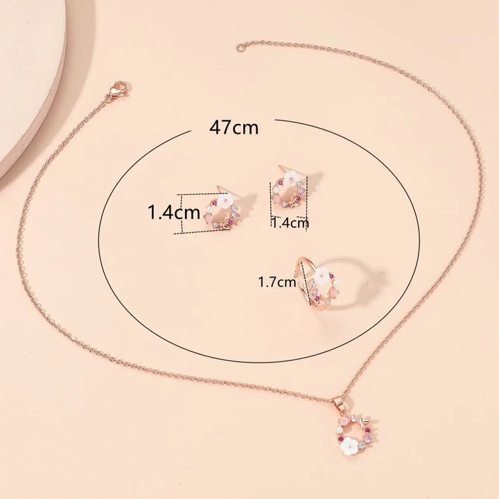 Women’s Rose Gold Flower Jewelry Set – Necklace, Ring & Earrings