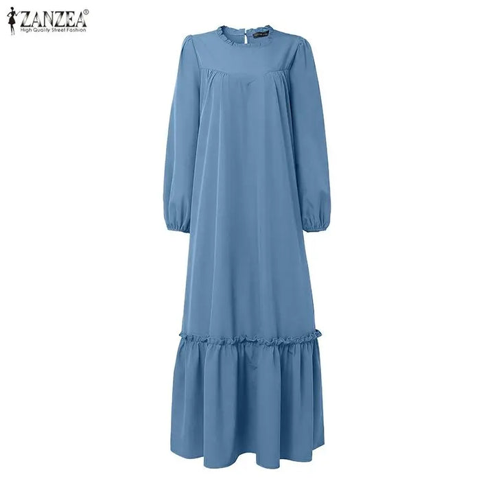 ZANZEA Muslim Modest Fashion Maxi Dress Women's Hijab O-Neck Long Sleeve Ruffled Hem Abaya Robes Islamic Ramadan Eid Kaftan
