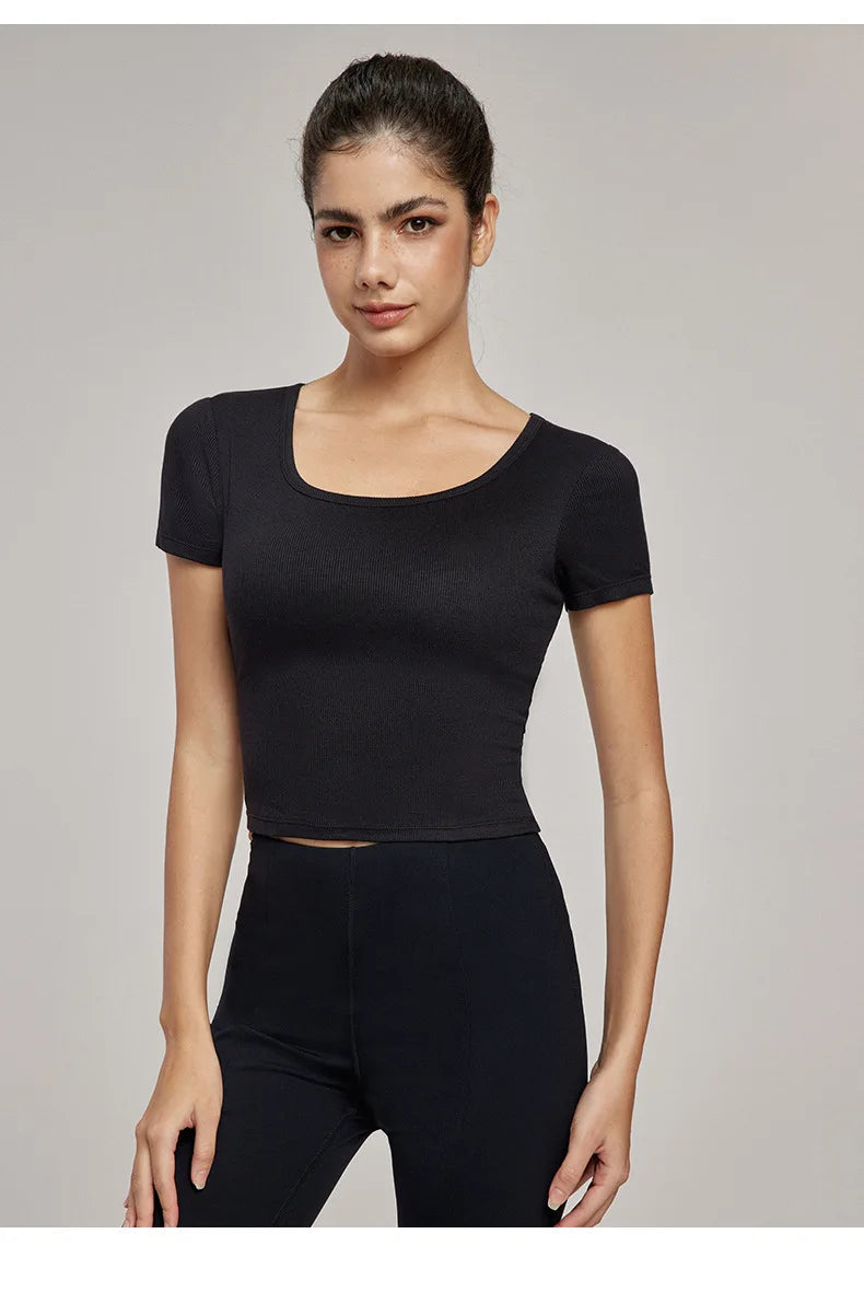 High-End Yoga Top for Women Summer Fitted Sports Short-Sleeve T-shirt Breathable Anti-Slip Cup Design