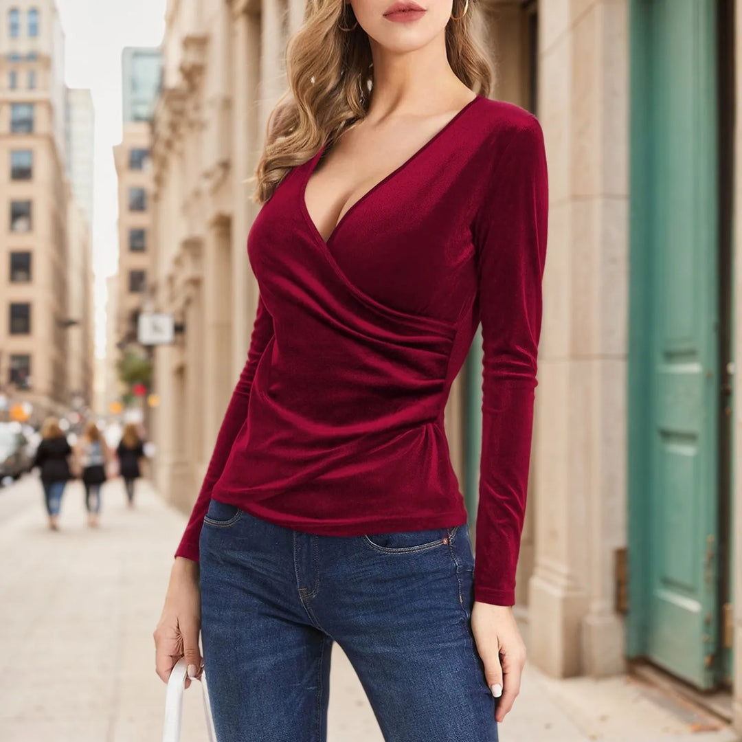 Women’s Sexy V-Neck Ribbed Top – Warm Long-Sleeve Shirt