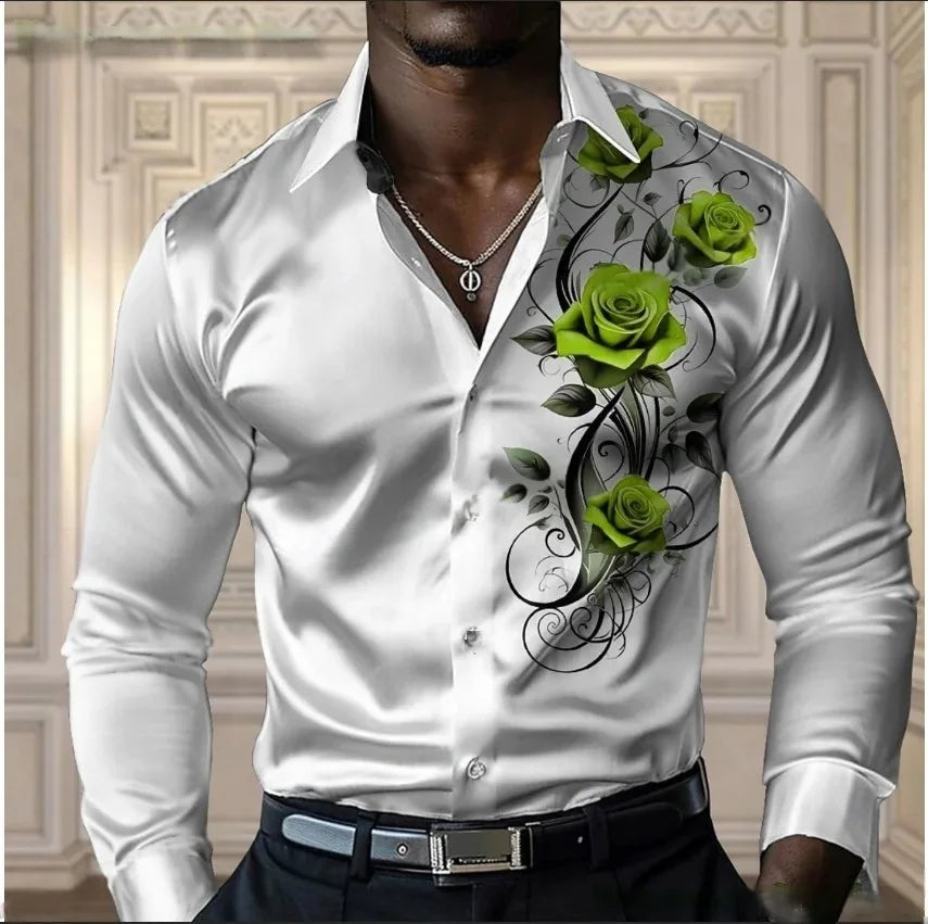 High-end Men's Rose Shirt, Casual and Comfortable Button-Down Long-Sleeved Shirt, Fashionable Four-Season Shirt, Plus-Size Desig