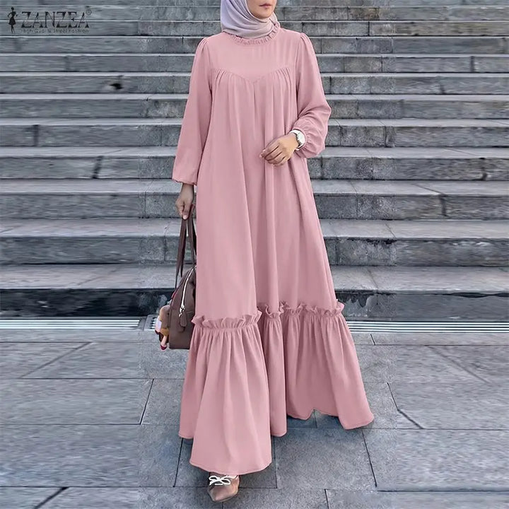 ZANZEA Muslim Modest Fashion Maxi Dress Women's Hijab O-Neck Long Sleeve Ruffled Hem Abaya Robes Islamic Ramadan Eid Kaftan