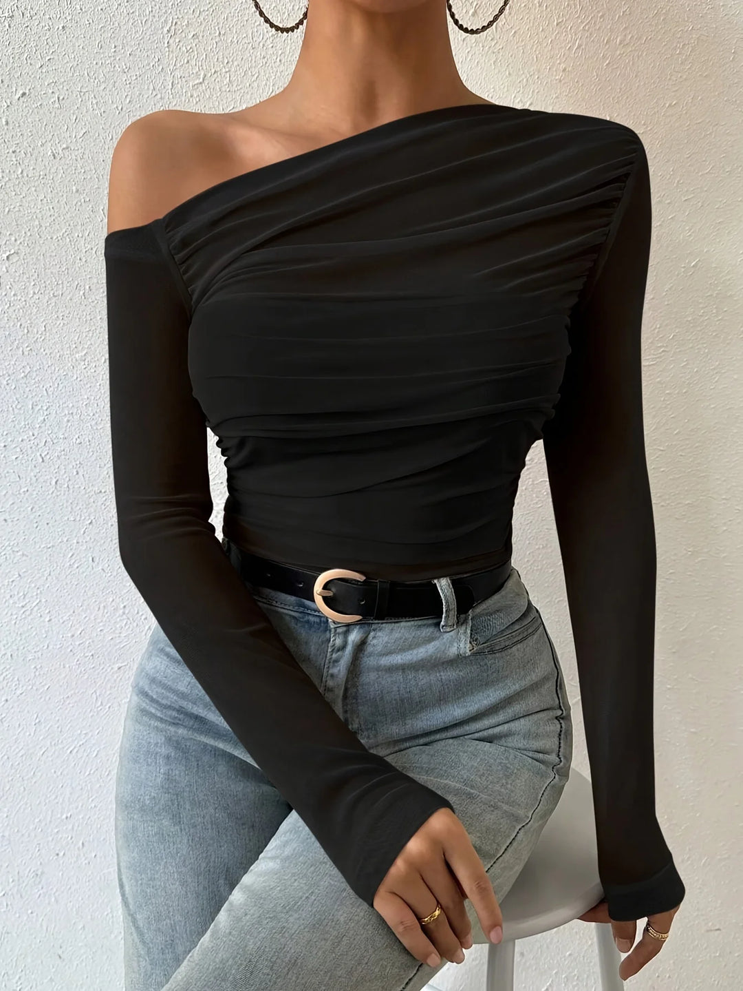 2025 Women’s Off-Shoulder Crop Top – Slim Fit Autumn/Winter Streetwear