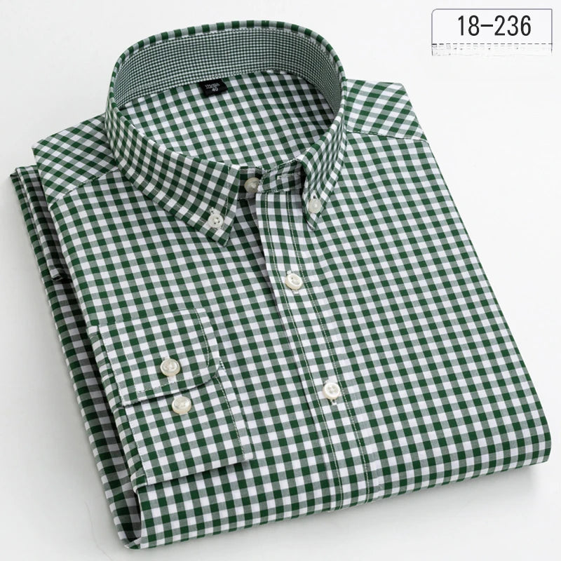 New in Shirt 100% Cotton Long-Sleeve Shirts for Men Slim Fit Plain Shirt Thin Plaid Striped Tops Fashion Elegants Office Clothes