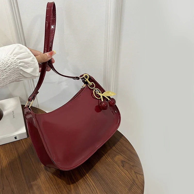 Vintage Women’s PU Leather Shoulder Bag – Crossbody Handbag with Cherry Pendant