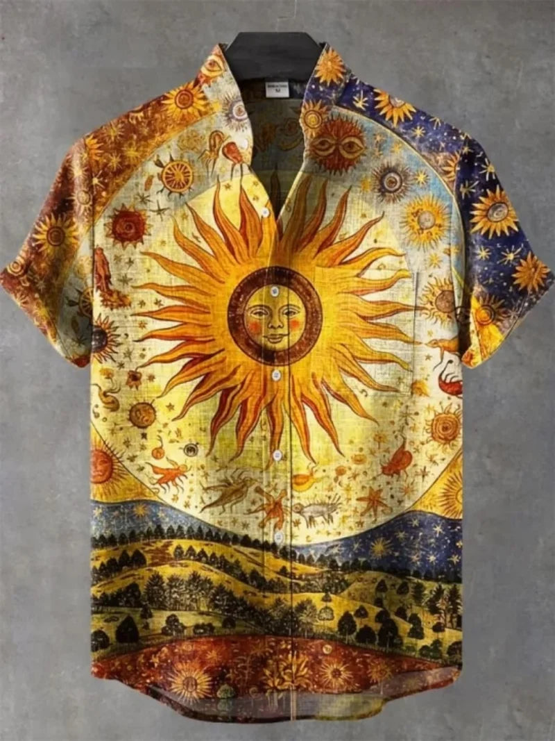 Men's Fashionable Casual Shirt Short-Sleeved 3D Printed Pattern Clothing Shirt Linen