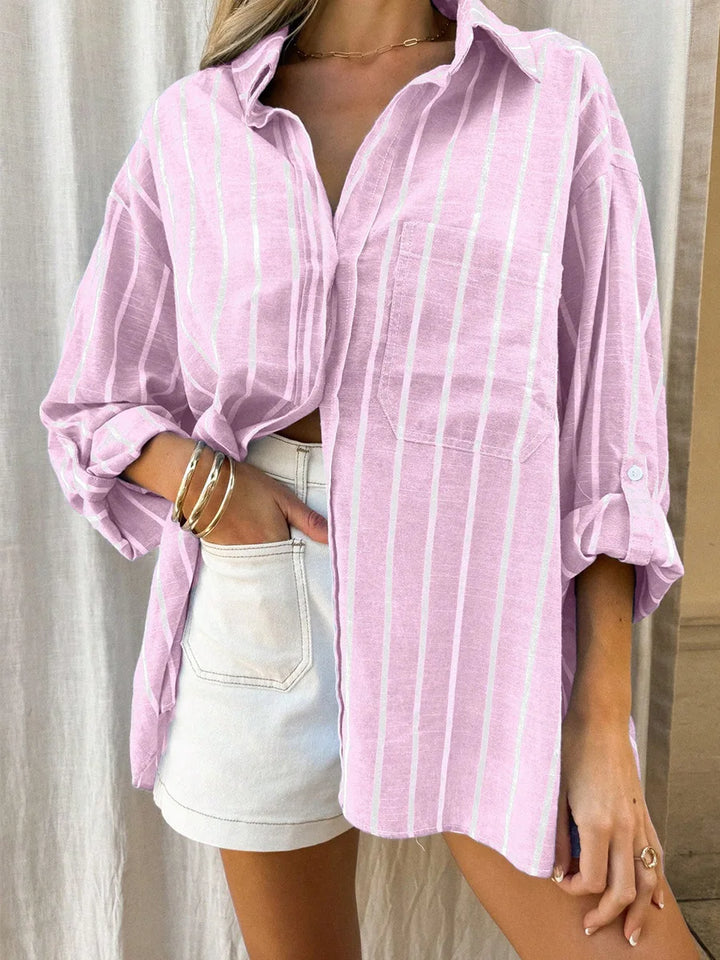 2026 Casual Loose Striped Shirts for Women Spring Summer Fashion Vintage Lapel Long Sleeve Tops Ladies Elegant Versatile Blouses