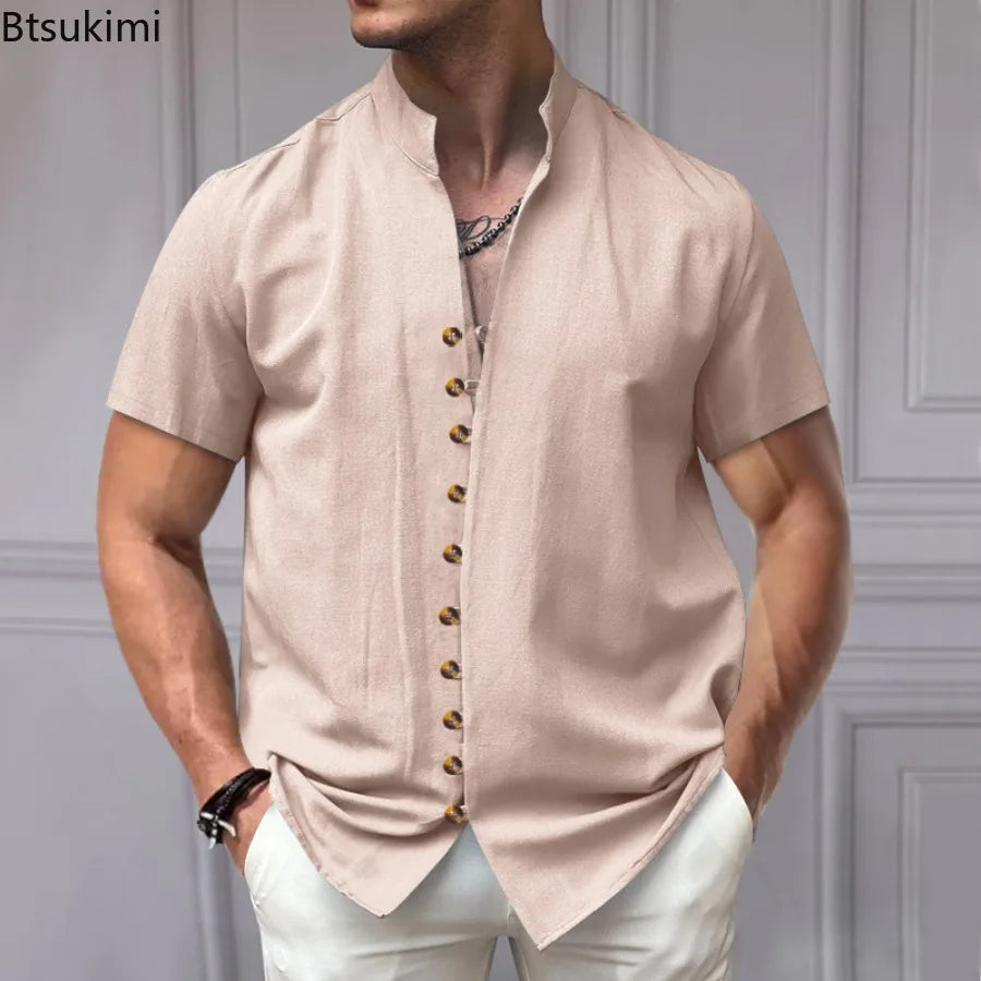 Summer New Short Sleeve Shirts for Men Fashion Solid Casual Linen Tops Breathable Stand Collar Loose Beach Blouses Men Clothing