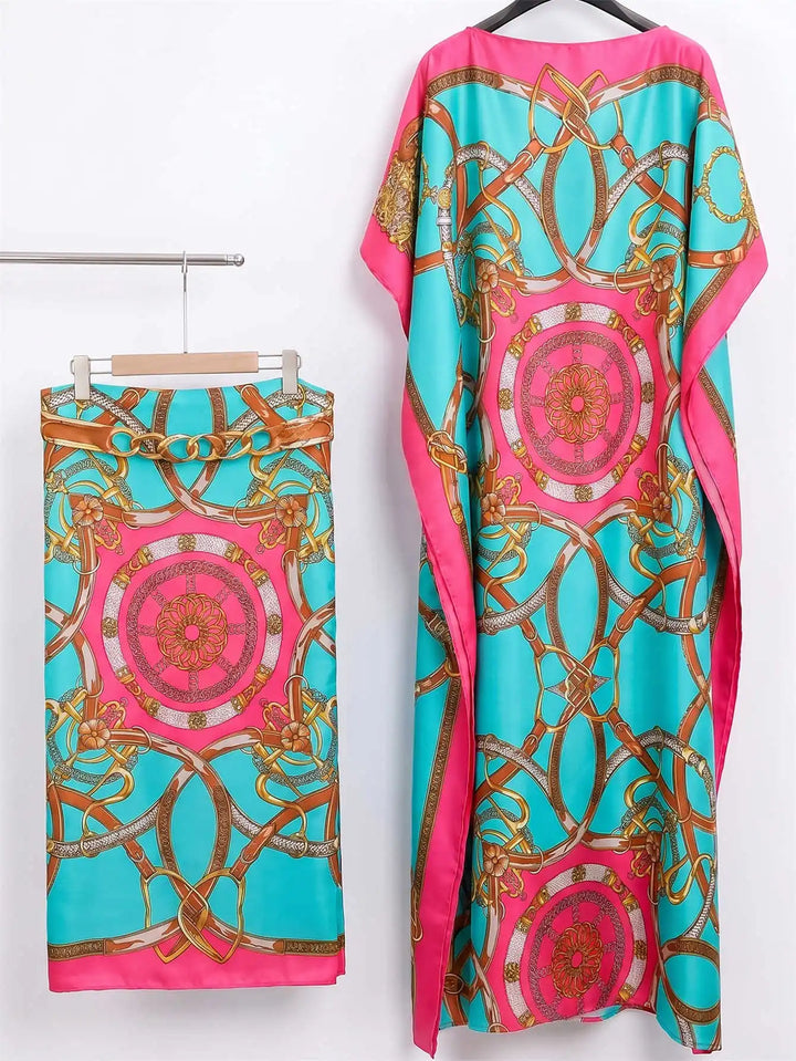 Women Muslim Kaftan Abaya With Matching Hijab Scarf Chain Print Maxi Dress Loose Batwing Sleeve Long Robe Set For Malay