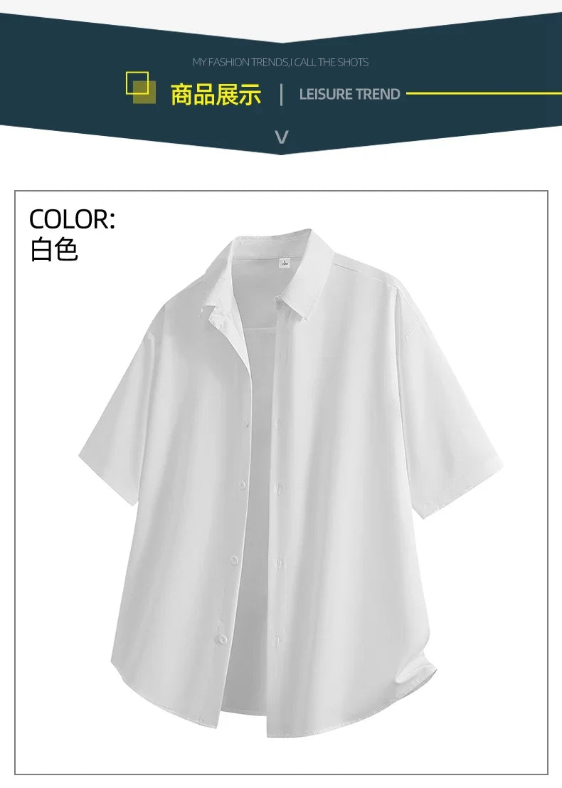 Short Sleeve White Shirts Men's Summer Anti-Wrinkle Business Loose Fit Ice Silk Shirt Youthful Button Iron-Free Black Work Shirt