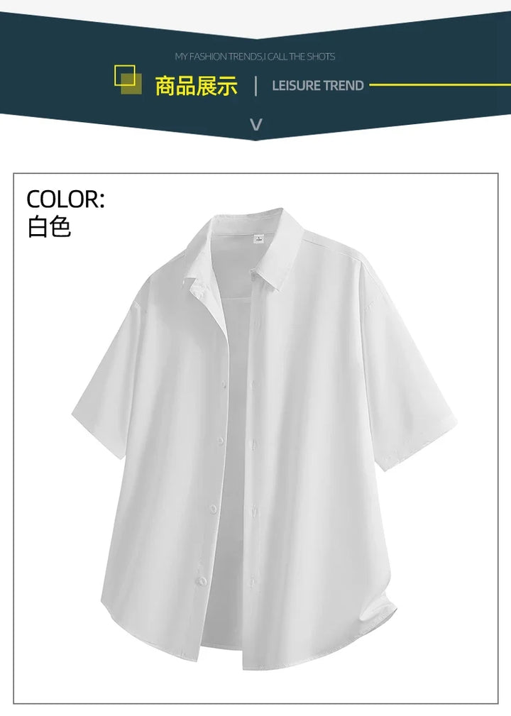 Short Sleeve White Shirts Men's Summer Anti-Wrinkle Business Loose Fit Ice Silk Shirt Youthful Button Iron-Free Black Work Shirt