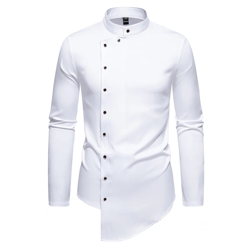Mens Dress Shirts Vintage Personality Irregular Crop Long Sleeve Business Stand Collar Shirt Men Camisas Streetwear Blusas Tops