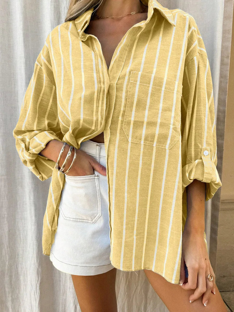 2026 Casual Loose Striped Shirts for Women Spring Summer Fashion Vintage Lapel Long Sleeve Tops Ladies Elegant Versatile Blouses