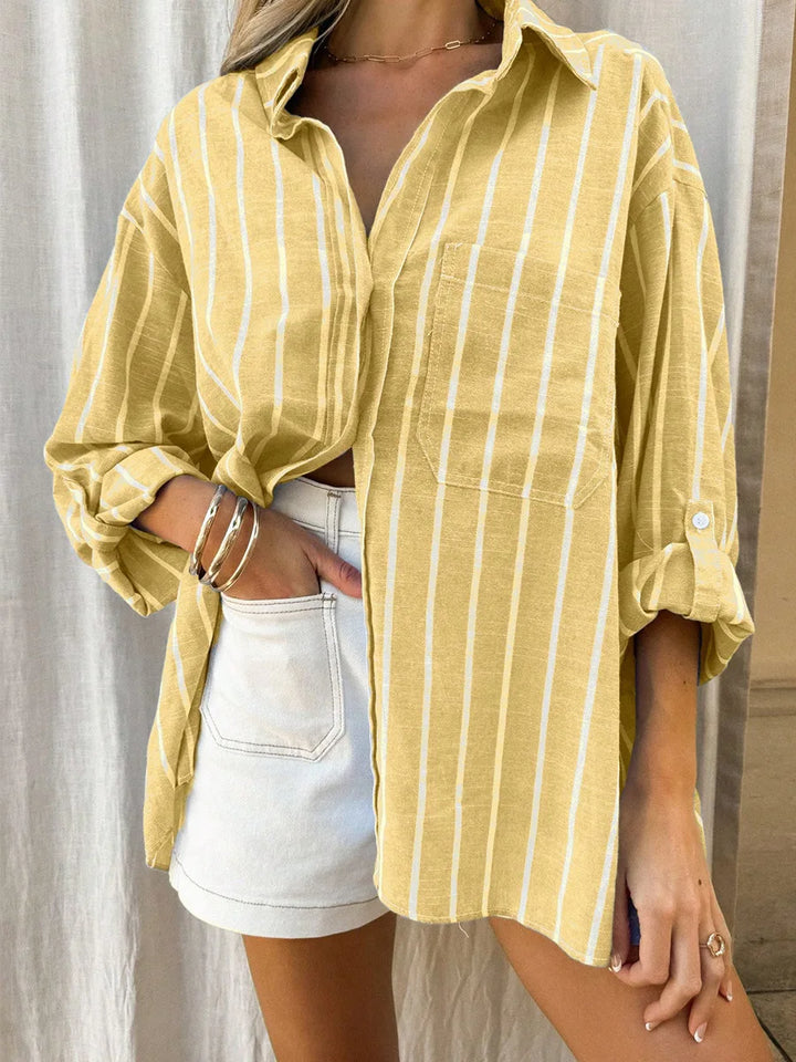 2026 Casual Loose Striped Shirts for Women Spring Summer Fashion Vintage Lapel Long Sleeve Tops Ladies Elegant Versatile Blouses