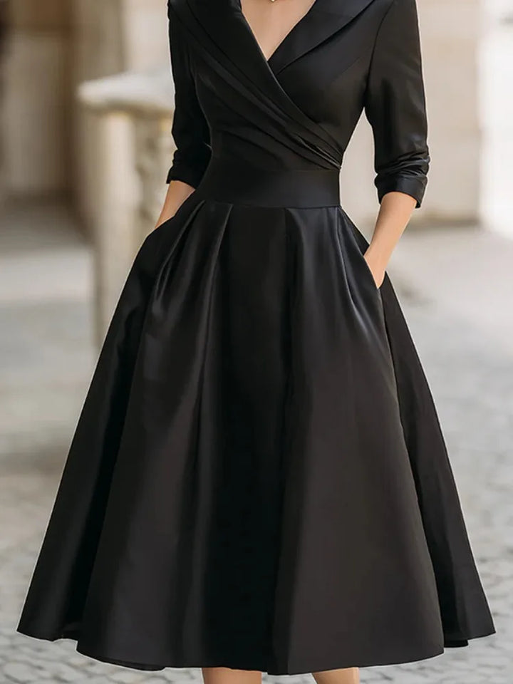 Women's Black Elegant Evening Dresses Satin Turn-Down Collar V Neck Waist-Cinched Three Quarter Sleeve Flared Midi Dress