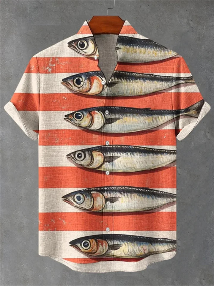 Men's Printed Short Sleeve Shirt Fashionable Casual Outdoor Breathable Linen Stand up Collar for Social Parties