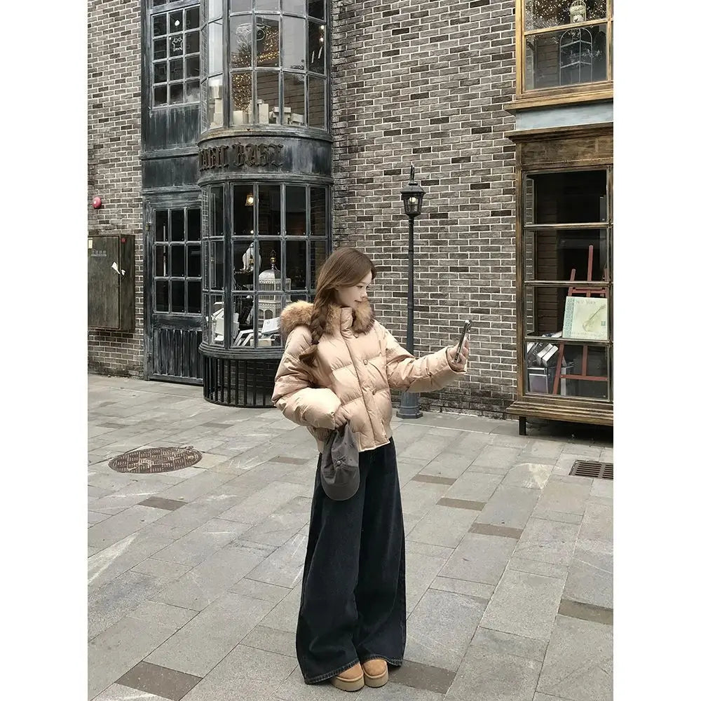 Korean Retro Big Fur Collar Cotton Clothes for Women's Autumn and Winter New Waist Thin Warm Jacket Khaki Bread Clothes