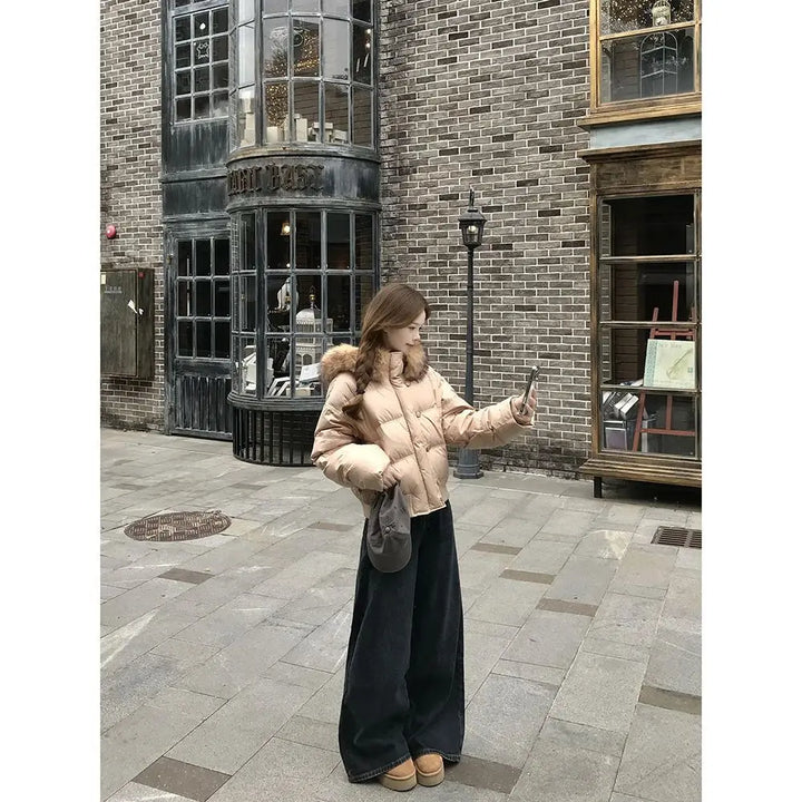 Korean Retro Big Fur Collar Cotton Clothes for Women's Autumn and Winter New Waist Thin Warm Jacket Khaki Bread Clothes