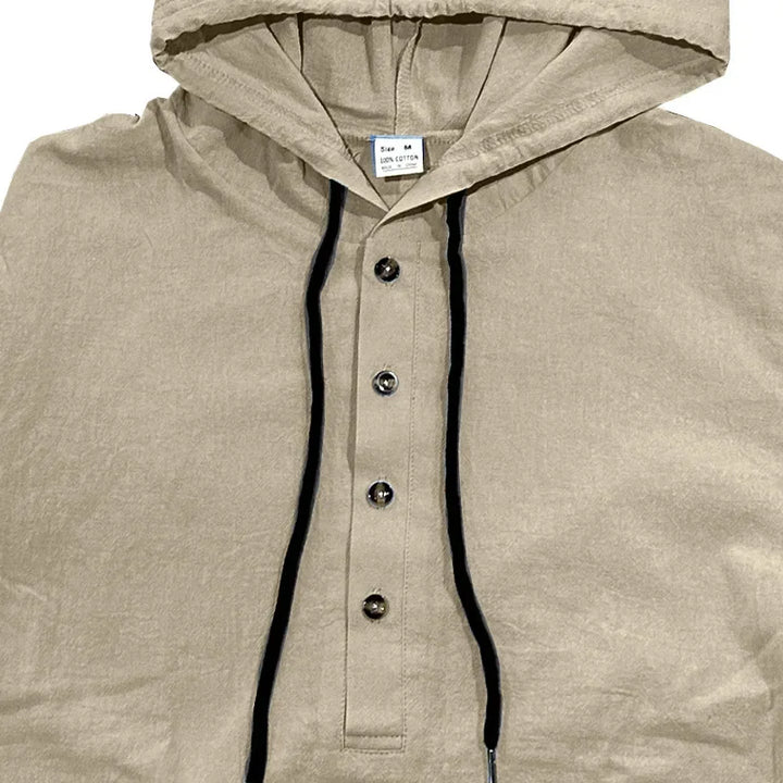 2026 New Men's  T-Shirts Spring Summer Hooded Cotton Linen Tops for Men Soft Loose Henley Shirt Casual Button Long Sleeve Shirts