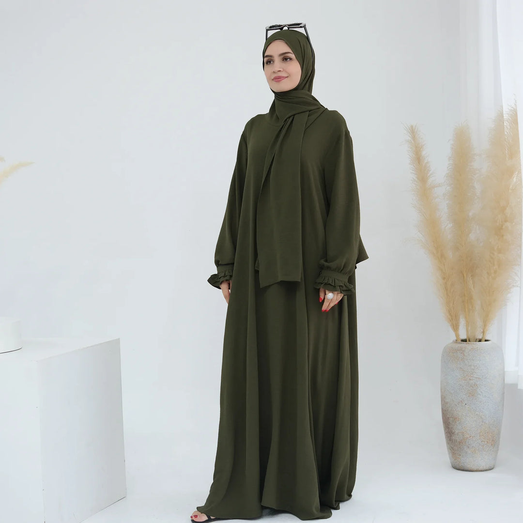 Abaya Dubai with Integrated Hijab Scarf Muslim Dress Women Zipper Front Side Pockets Islamic Clothing Modest Turkish Gown Casual