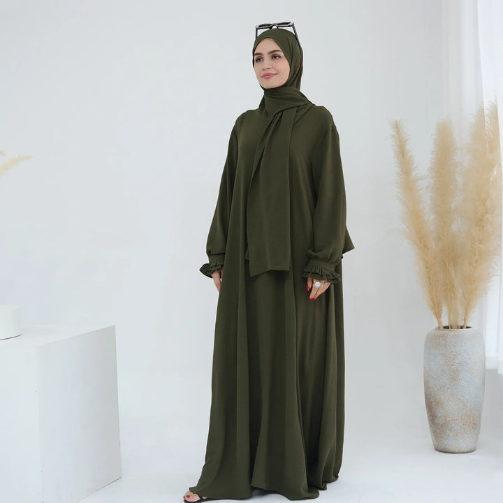 Abaya Dubai with Integrated Hijab Scarf Muslim Dress Women Zipper Front Side Pockets Islamic Clothing Modest Turkish Gown Casual