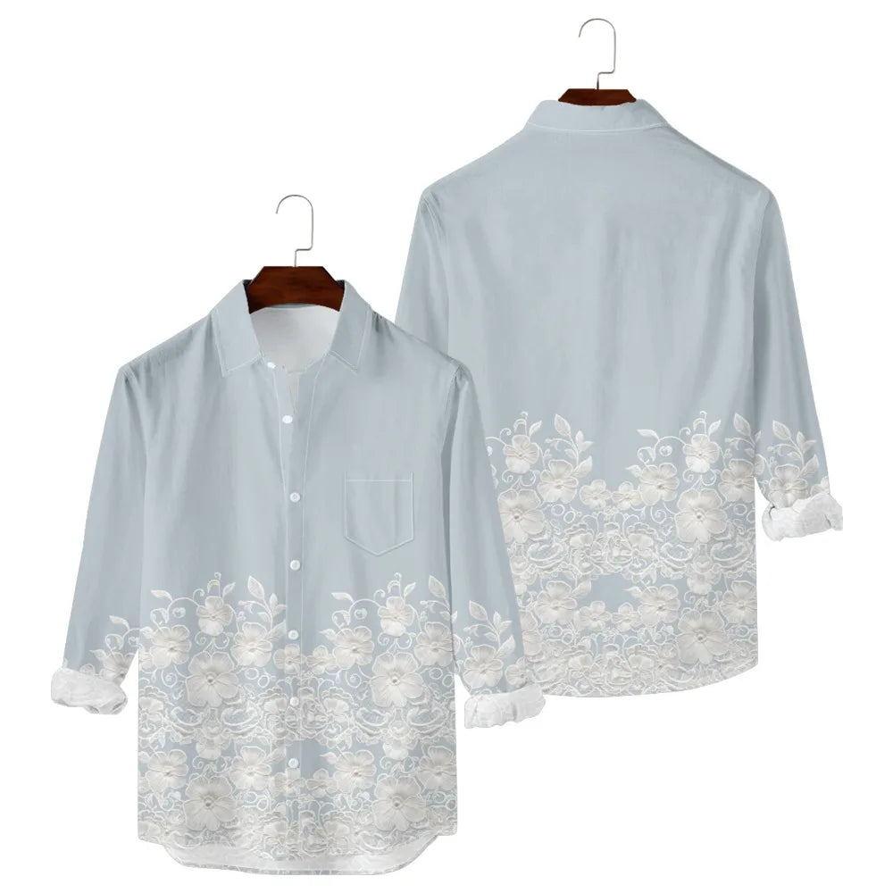 Hawaiian Button Up Shirts Retro Florals Printed Full Sleeve Streetwear Casual Men Dark Academia Resort Elegance Travel Shirt