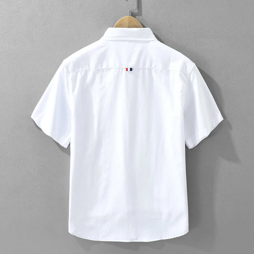 Men's 100% Cotton Short-Sleeve Shirt – Classic Turn-Down Collar, Slim Fit with Chest Pocket & Striped Detail
