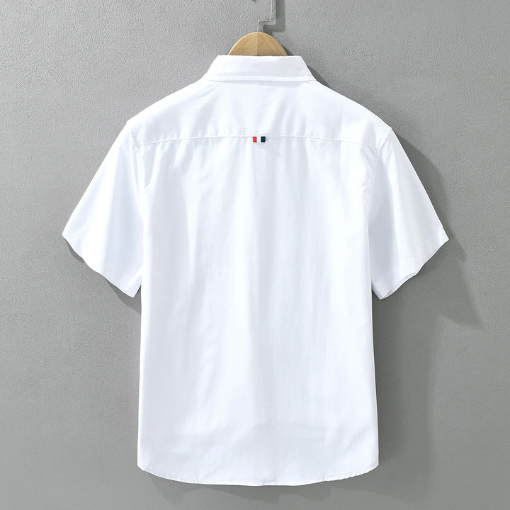 Men's 100% Cotton Short-Sleeve Shirt – Classic Turn-Down Collar, Slim Fit with Chest Pocket & Striped Detail