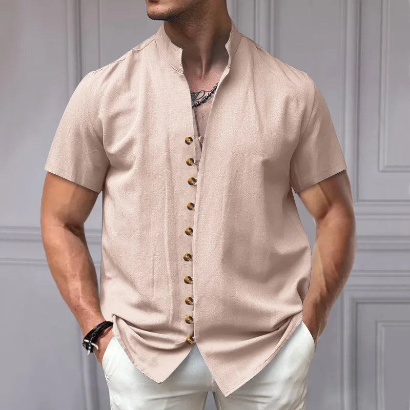 Summer New Short Sleeve Shirts for Men Fashion Solid Casual Linen Tops Breathable Stand Collar Loose Beach Blouses Men Clothing