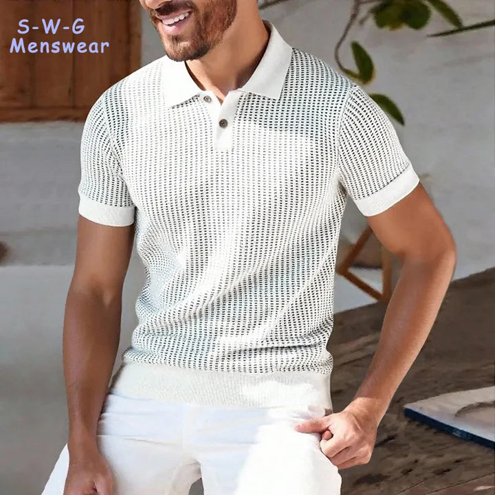 Mens Knit Shirts Short Sleeve Men's Textured Knit Polo Shirt Summer Short Sleeve Vacation Button Beach Knit Stretchy Golf Shirts