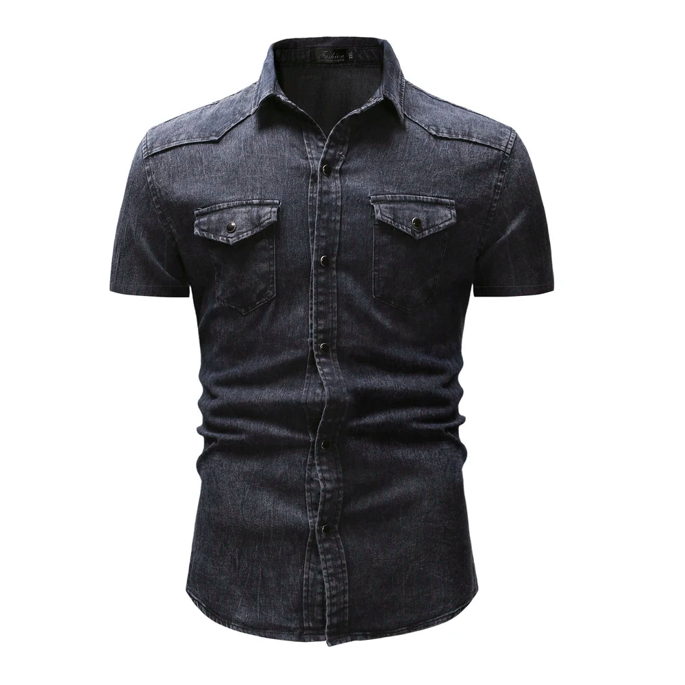 Men Denim Shirts Tops Shirt Short Sleeve Button Turn Down Collar Single Breasted Slim Fit Solid Simple Casual Splice Top 2024