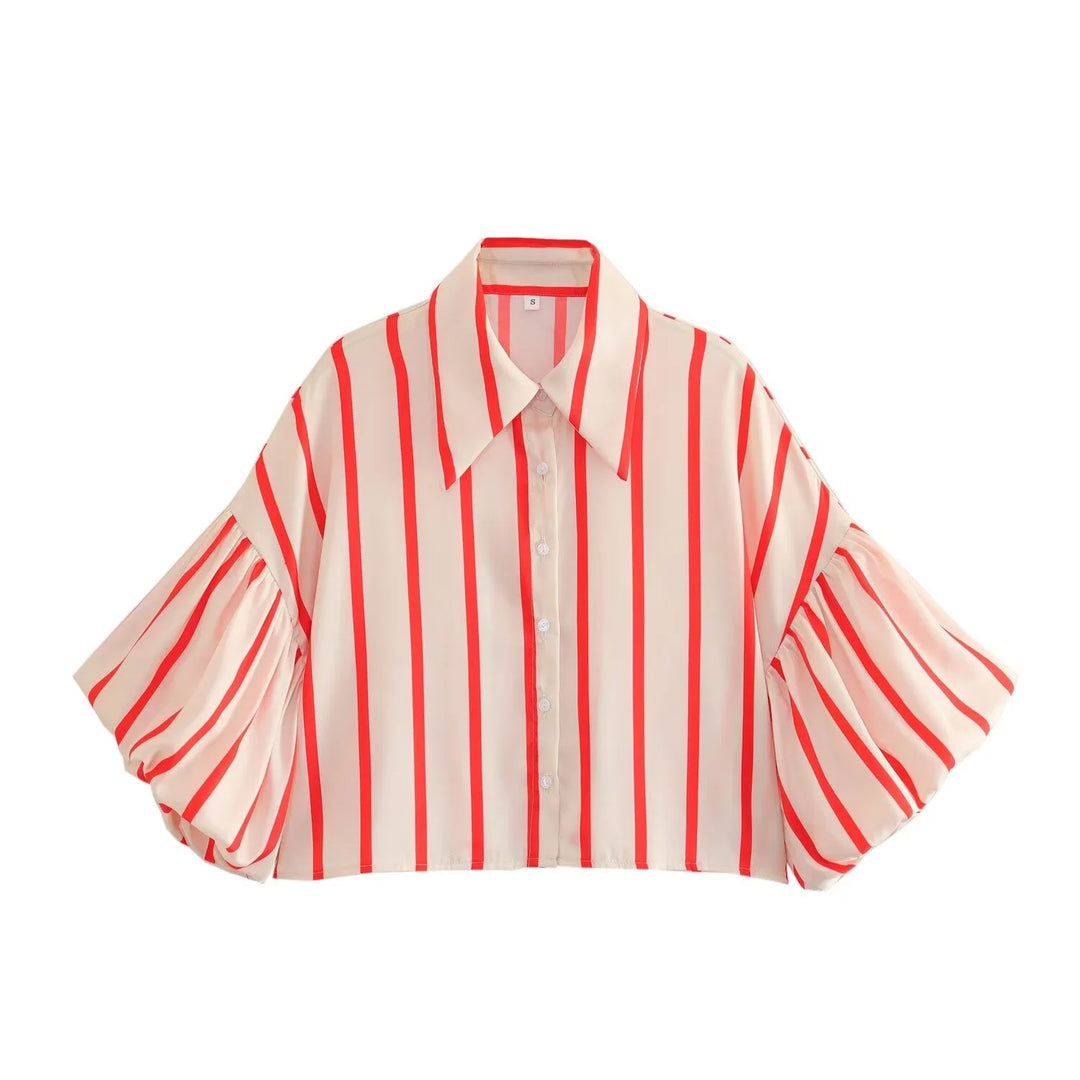 Women Striped Shirts Female Loose-Fit Bubble Sleeve Printed Shirts Lady Casual Youthful Energetic Short Sleeved Tops Clothing