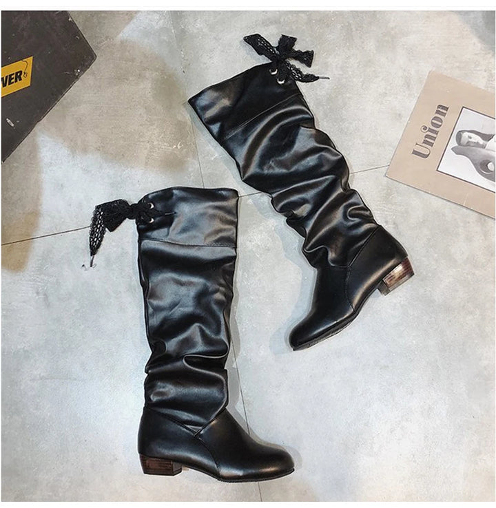 2024 Women’s Knee-High Boots – Pleated Leather, Low Heel, Casual Shoes