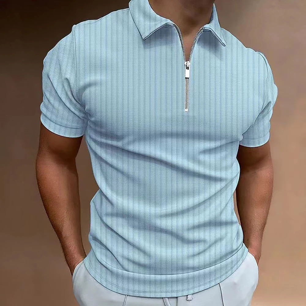 Men Striped Golf Shirt with Quarter Zipper Lapel Casual Holiday Short-Sleeved T-Shirt Fashionable Basic Style Regular Fit Shirt