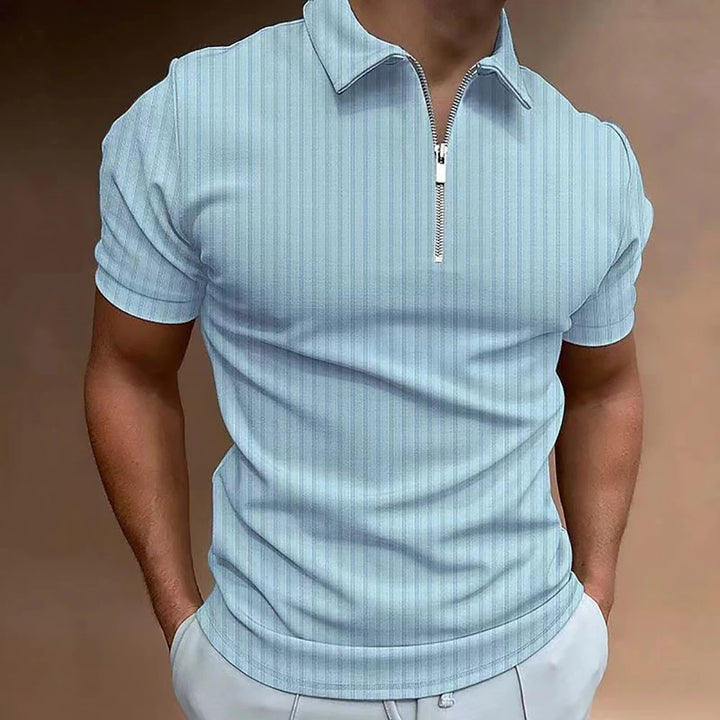 Men Striped Golf Shirt with Quarter Zipper Lapel Casual Holiday Short-Sleeved T-Shirt Fashionable Basic Style Regular Fit Shirt
