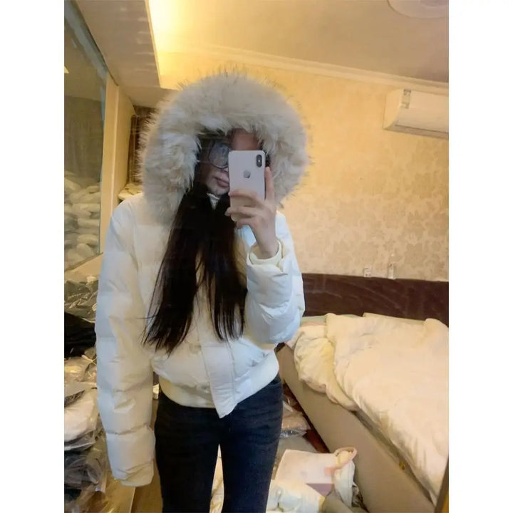 Korean Retro Big Fur Collar Cotton Clothes for Women's Autumn and Winter New Waist Thin Warm Jacket Khaki Bread Clothes