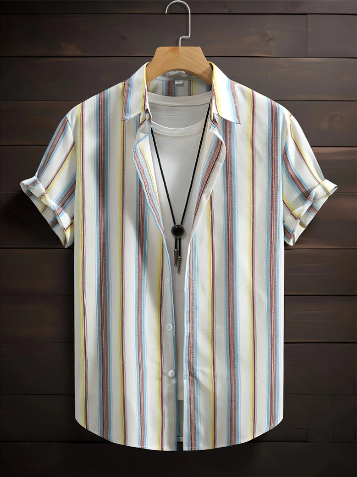 Men's Summer Beach Loose-fitting Shirt with a Sophisticated, Cool, and Retro-Style Striped Short-Sleeve Collar