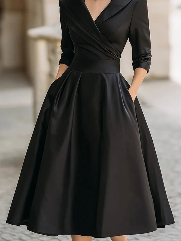 Women's Black Elegant Evening Dresses Satin Turn-Down Collar V Neck Waist-Cinched Three Quarter Sleeve Flared Midi Dress