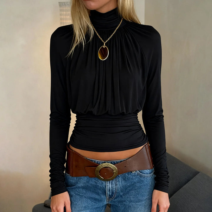 Solid Black T Shirts For Women Elegant Clothes Turtleneck Camisetas Lady Tops Long Sleeve Ropa De Mujer Shirring Feminist Shirt