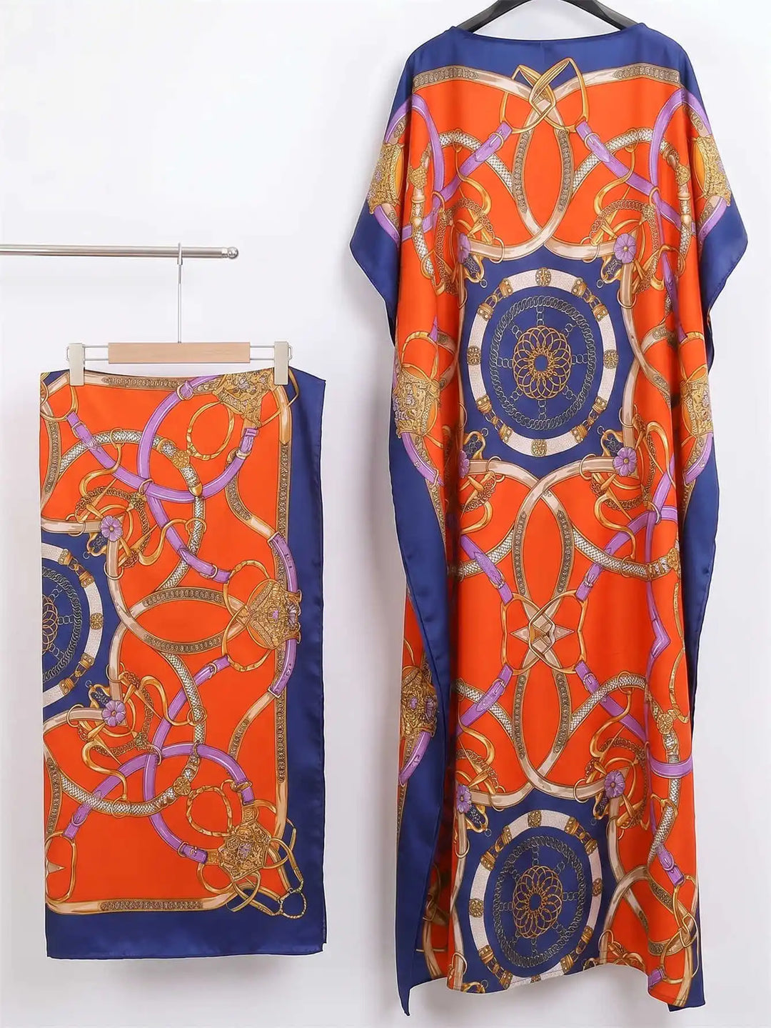 Women Muslim Kaftan Abaya With Matching Hijab Scarf Chain Print Maxi Dress Loose Batwing Sleeve Long Robe Set For Malay