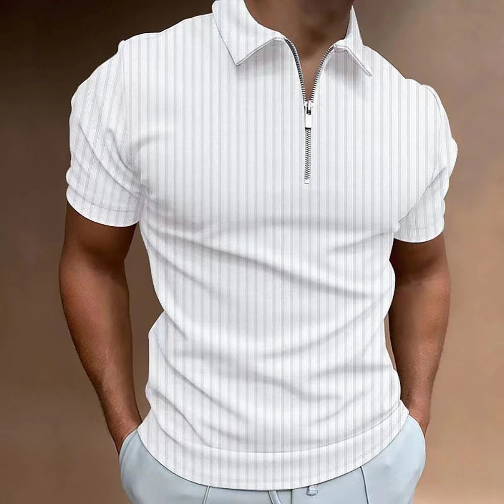 Men Striped Golf Shirt with Quarter Zipper Lapel Casual Holiday Short-Sleeved T-Shirt Fashionable Basic Style Regular Fit Shirt
